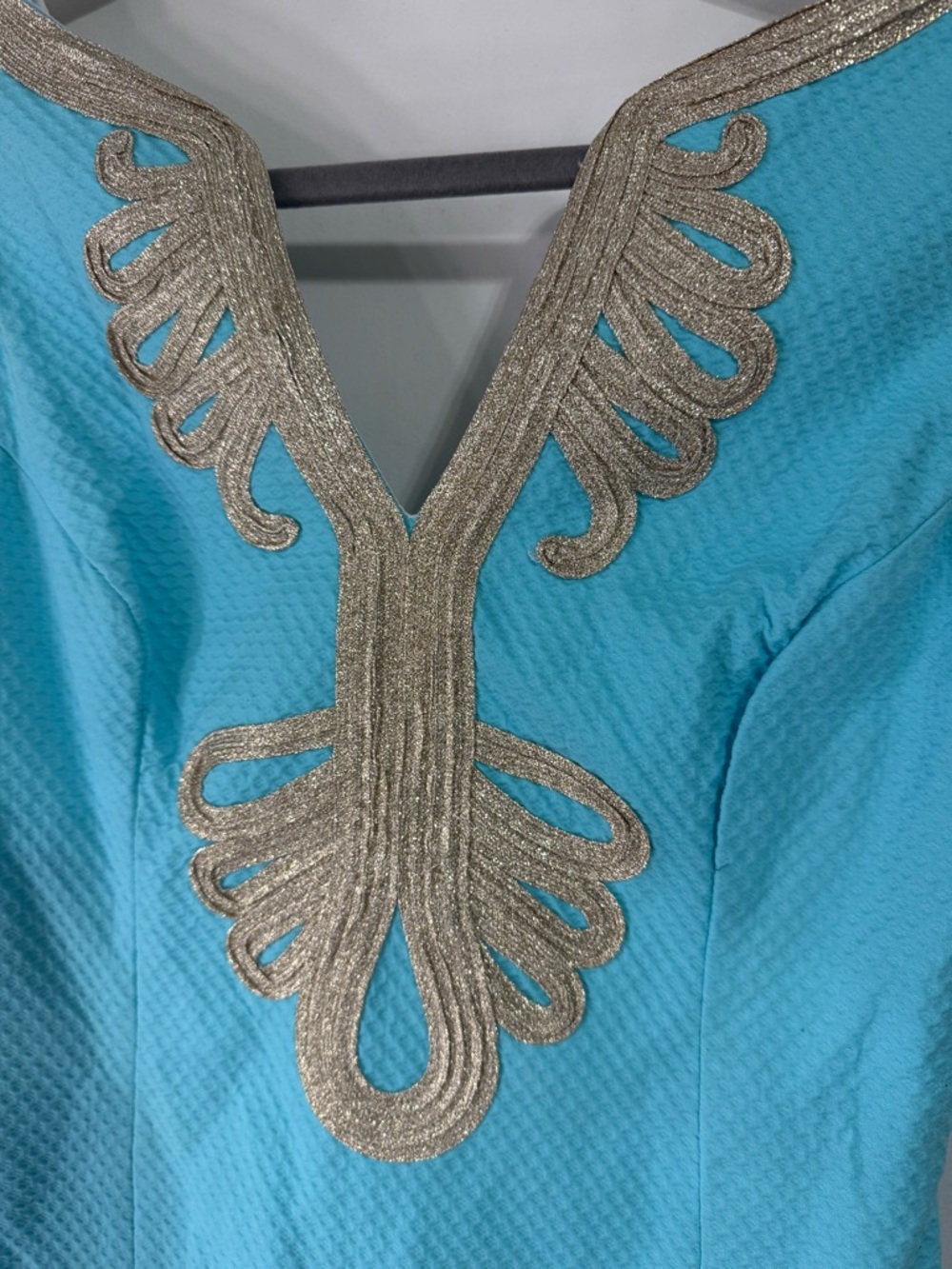 Lilly Pulitzer Bentley Shift Dress in Turquoise Blue with Gold Soutache Neckline - Picture 2 of 7